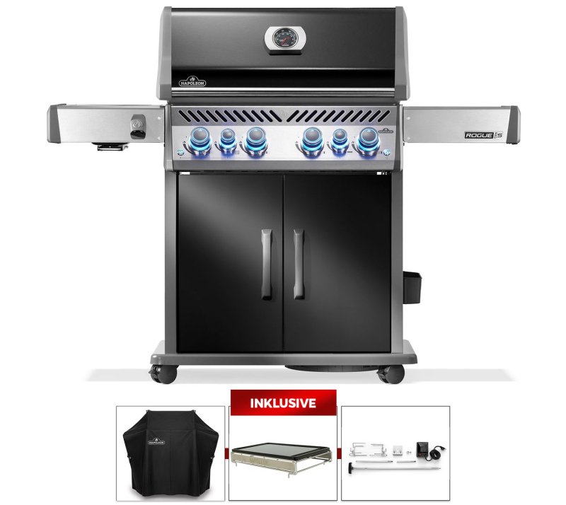 Napoleon Rogue PRO-S 525 Gasgrill - mit SIZZLE ZONE™ und Heckbrenner - mit Gusseisenrosten, Schwarz - Limitiertes Set inkl. Abdeckhaube, Grillplatte für Sizzle Zone und Drehspieß-Set