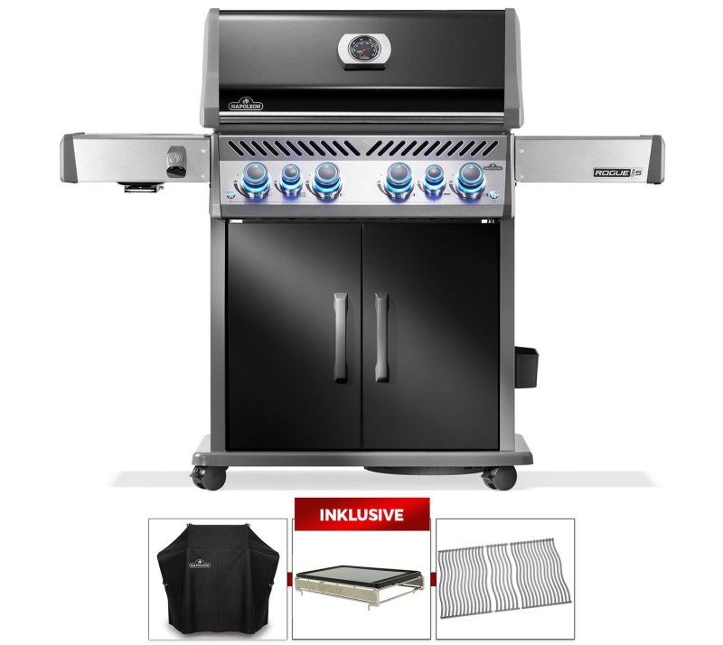 Napoleon Rogue PRO-S 525 Gasgrill - mit SIZZLE ZONE™ und Heckbrenner - mit Gusseisenrosten, Schwarz - Limitiertes Set inkl. Abdeckhaube, Grillplatte für Sizzle Zone und zusätzlichen Edelstahl Grillrosten