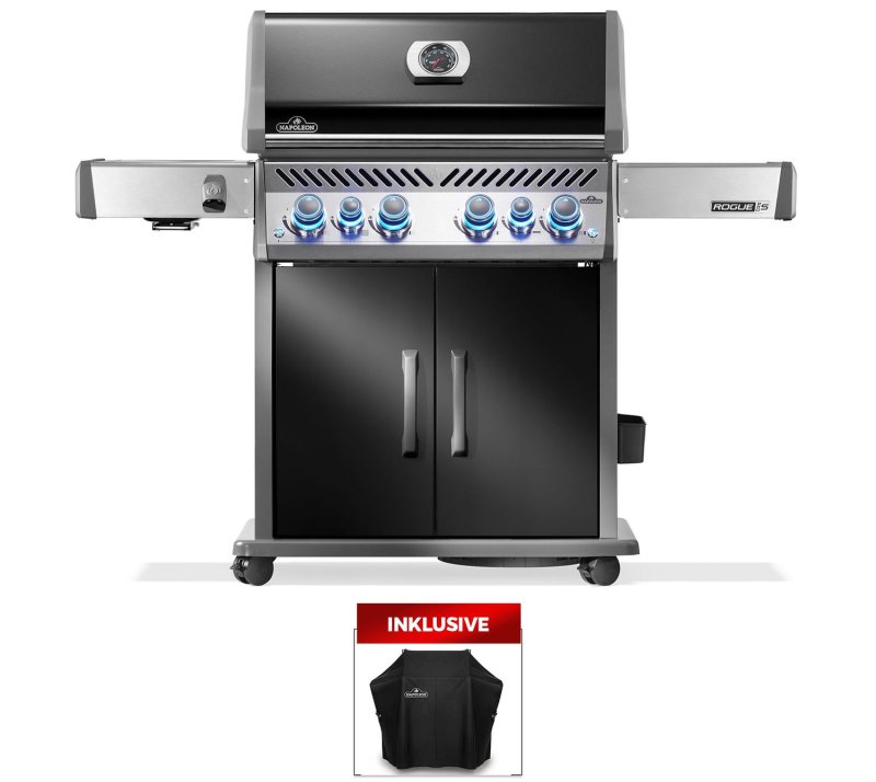 Napoleon Rogue PRO-S 525 Gasgrill - mit SIZZLE ZONE™ und Heckbrenner - mit Gusseisenrosten, Schwarz - inkl. Abdeckhaube
