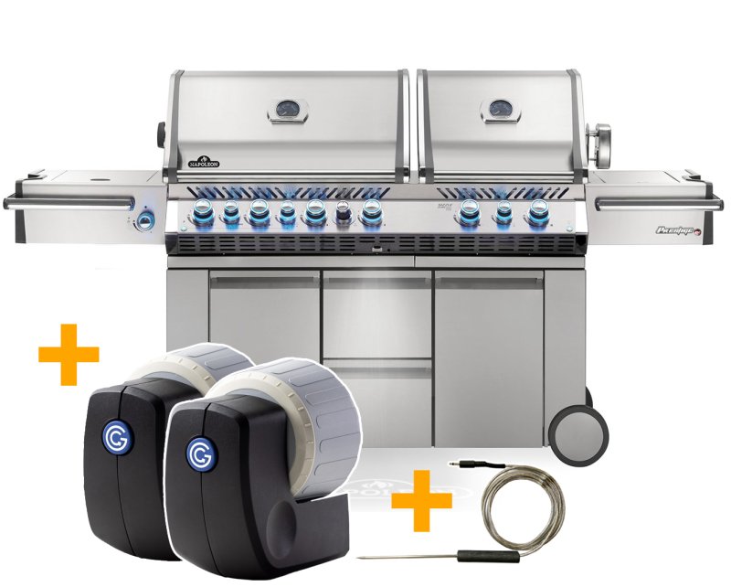 Napoleon Prestige Pro 825-3 Edelstahl Gasgrill inkl. Drehspieß und Bodenbeleuchtung - Modell 2025 - SMART Deal inkl. Grillfürst Grill Control mit Companion Device und Einstichthermometer
