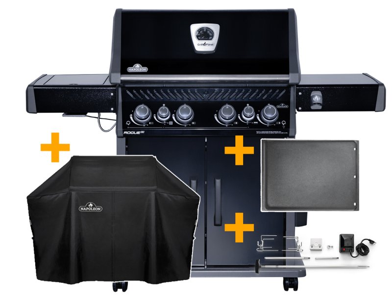 Napoleon Rogue SE 525 Gasgrill - all-black - mit Sizzle Zone und Heckbrenner - Grillfürst Edition - X-DEAL inkl. Abdeckhaube, Gussplatte und Drehspieß-Set - Modell 2024