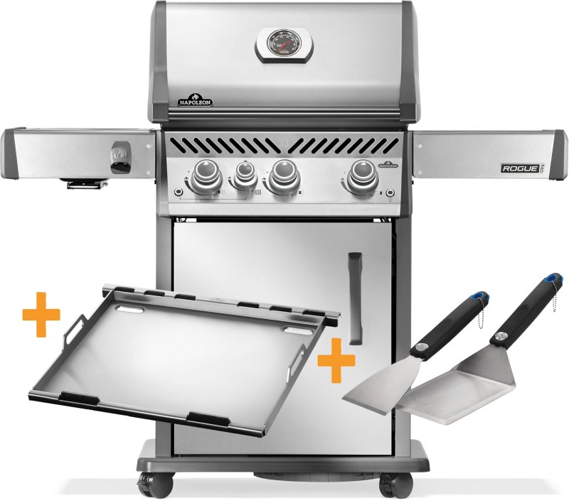 Napoleon Rogue PRO 425 Edelstahl Gasgrill - mit SIZZLE ZONE™ - mit Gusseisenrosten - X-DEAL inkl. Edelstahlplancha und Plancha Tool-Set 2-teilig