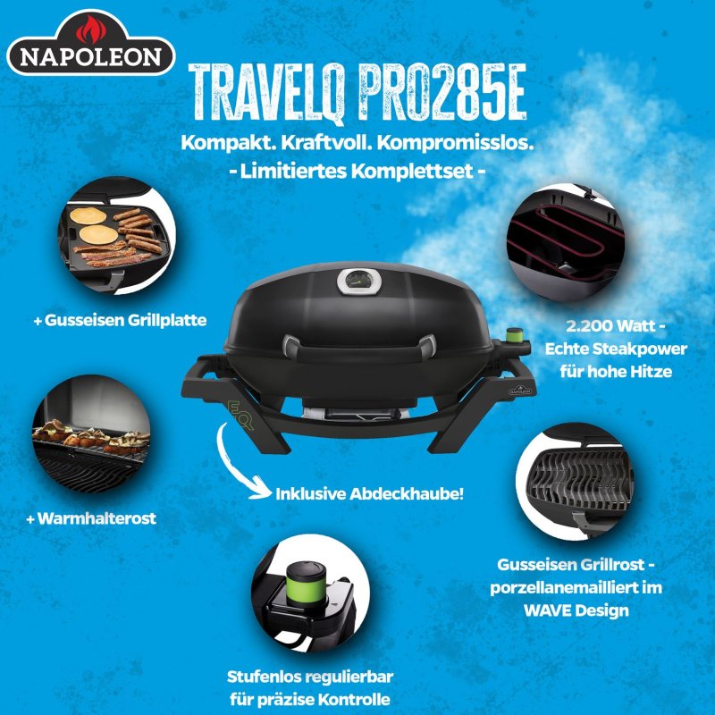 Napoleon TravelQ PRO285E Elektrogrill - Limitiertes Set inkl. Haube, Grillplatte und Warmhalterost