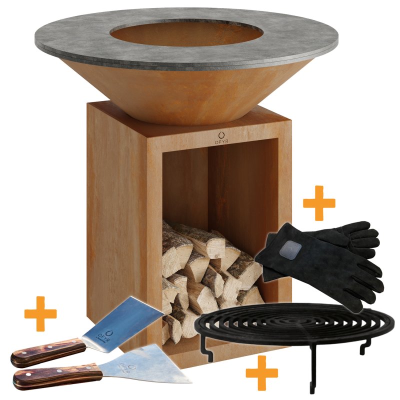OFYR Grill Feuerplatte Classic Storage Corten 100 - inkl. Grillrost mit Rosterhöhung, Leder Grillhandschuhe & Spatula Set