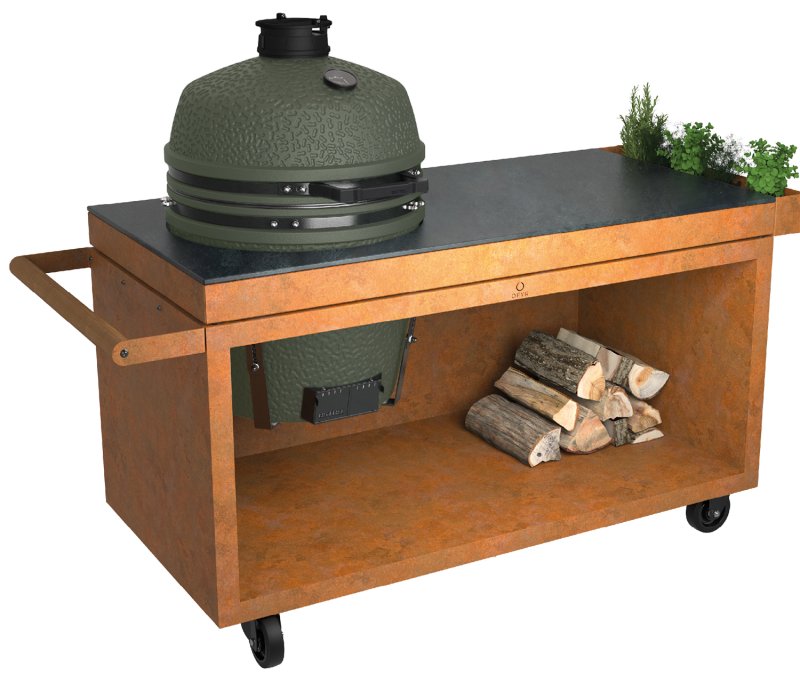 OFYR Kamado Table Corten 150 PRO - mit Keramik-Arbeitsplatte & BSTRD. Keramikgrill Pro Large Green