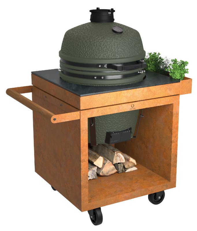 OFYR Kamado Table Corten 75 PRO - mit Keramik-Arbeitsplatte & BSTRD. Keramikgrill Pro Large Green