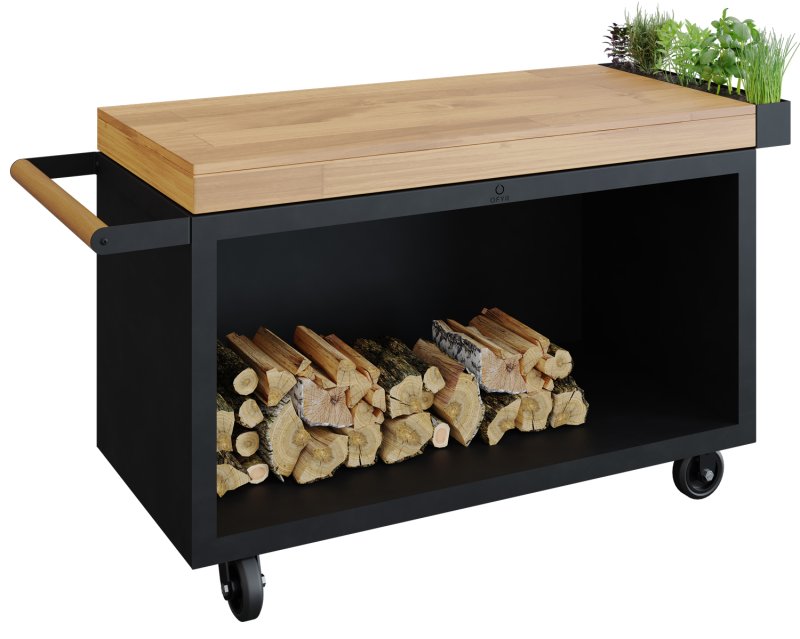 OFYR Mise en Place Table Black 135 PRO - mit Teakholz-Arbeitsplatte & Holzlager