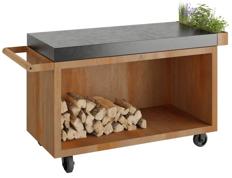 OFYR Mise en Place Table Corten 135 PRO - mit Keramik-Arbeitsplatte & Holzlager