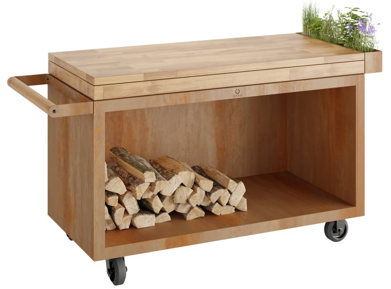 OFYR Mise en Place Table Corten 135 PRO - mit Teakholz-Arbeitsplatte & Holzlager
