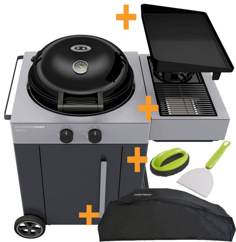 Outdoorchef Gas Kugelgrill Arosa 570 G Grey Steel - inkl. Vollausstattung "Plancha Grill" mit Blazing-/Cookingzone + Plancha + Reinigungsset + Abdeckhaube