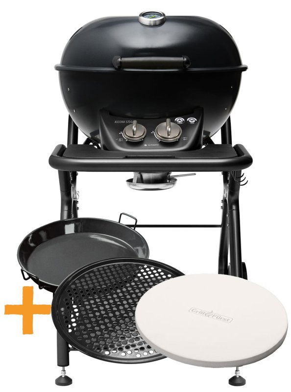 Outdoorchef Gas Kugelgrill Ascona 570 G All Black - GOURMETSET mit Pfanne, Lochblech und Pizzastein