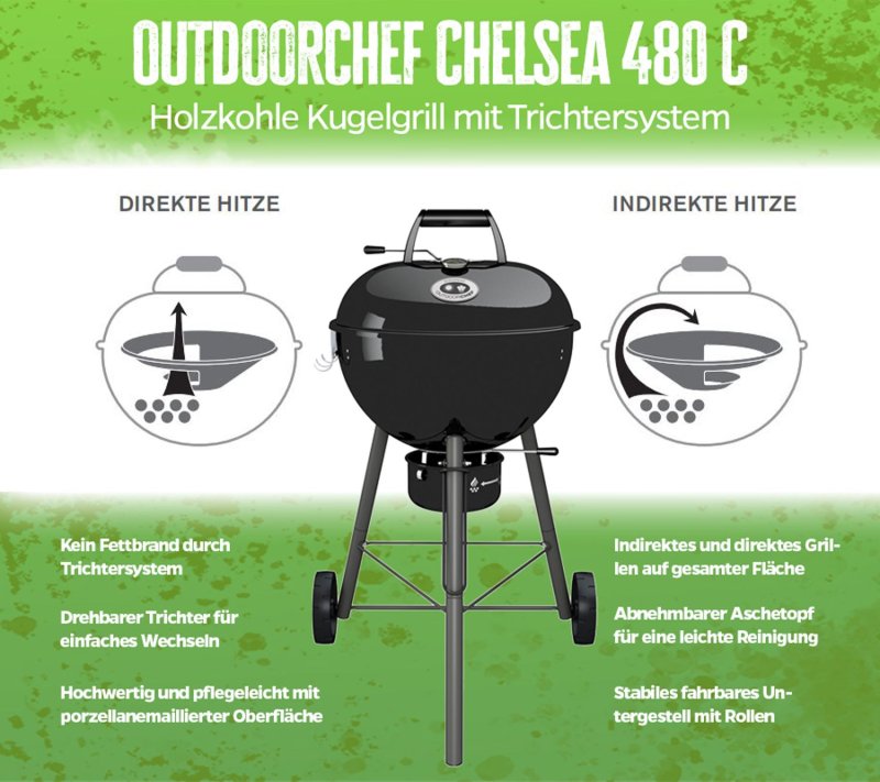 Outdoorchef Holzkohle Kugelgrill Chelsea 480 C schwarz - inkl. Outdoorchef Grillbuch: Das Einmaleins für den Holzkohlegrill + Grillbesteck Set 2tlg.