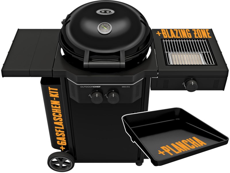 Outdoorchef Gas Kugelgrill Station DAVOS 570 G Pro BZ mit Blazing Zone und 11 kg Gasflaschen-Kit + Plancha