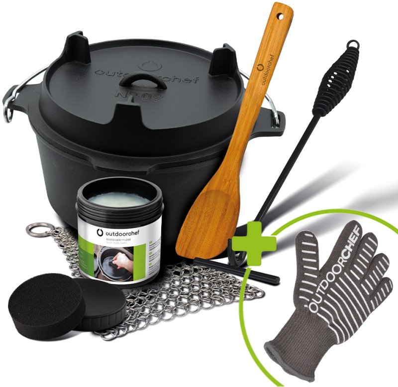 Outdoorchef Dutch Oven 09 - 8,5 Liter - inkl. Starterset mit Gusseisen-Pflege, Ringreiniger, Deckelheber und Bambus-Kochlöffel + Outdoorchef Grillhandschuh