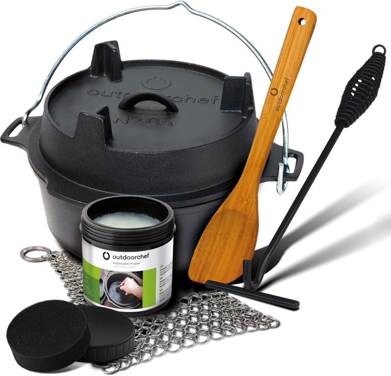 Outdoorchef Dutch Oven 04 - 3,8 Liter - inkl. Starterset mit Gusseisen-Pflege, Ringreiniger, Deckelheber und Bambus-Kochlöffel - Retoure