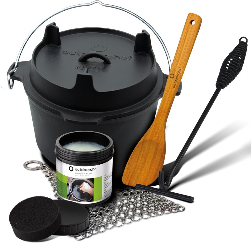 Outdoorchef Dutch Oven 06 - 5,7 Liter - inkl. Starterset mit Gusseisen-Pflege, Ringreiniger, Deckelheber und Bambus-Kochlöffel - Retoure