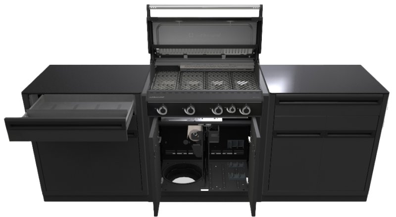 Outdoorchef HEAT Outdoor Küche - KOMPAKT - mit Grillmodul HEAT X-415 RB K, 2 x Schrankmodul, Granit Arbeitsplatte, Organizer Set und Zubehörhalter