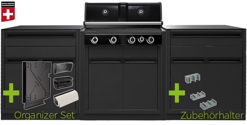 Outdoorchef HEAT Outdoor Küche - KOMPAKT - mit Grillmodul HEAT X-415 RB K, 2 x Schrankmodul, Granit Arbeitsplatte, Organizer Set und Zubehörhalter