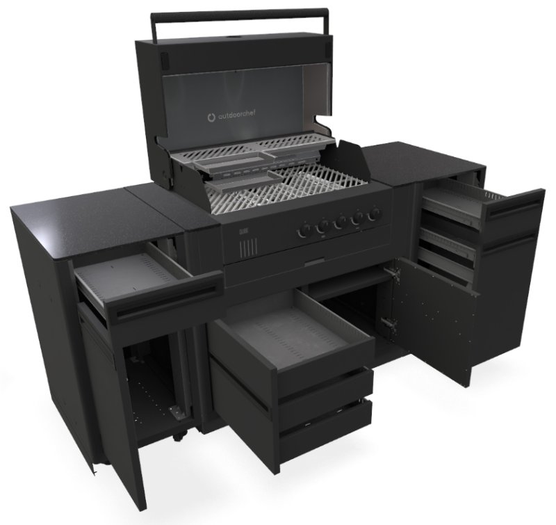 Outdoorchef HEAT Outdoor Küche 3-teilig: QUBE X-415 RB + Gasflaschenschrank + Schubladenschrank schmal - inkl. Arbeitsplatte Granit