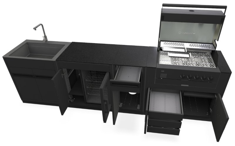 Outdoorchef HEAT Outdoor Küche 4-teilig: QUBE X-415 RB + Gasflaschenschrank + CASO BBQ Cooler und Spülenmodul - inkl. Arbeitsplatte Granit