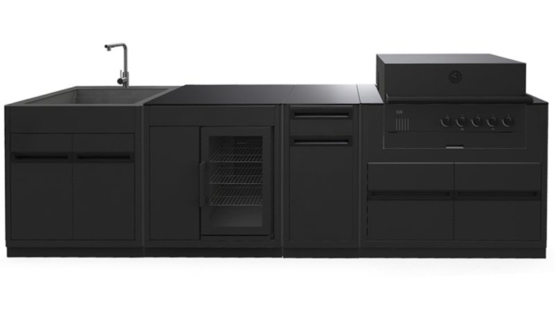 Outdoorchef HEAT Outdoor Küche 4-teilig: QUBE X-415 RB + Gasflaschenschrank + CASO BBQ Cooler und Spülenmodul - inkl. Arbeitsplatte Granit