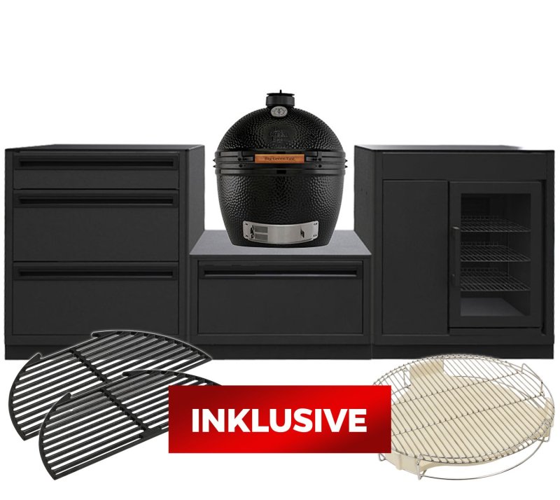 Outdoorchef HEAT Outdoor Küche 3-teilig: Big Green Egg The Onyx XLarge Keramikgrill + Caso BBQ Cooler - mit Arbeitsplatte aus Granit