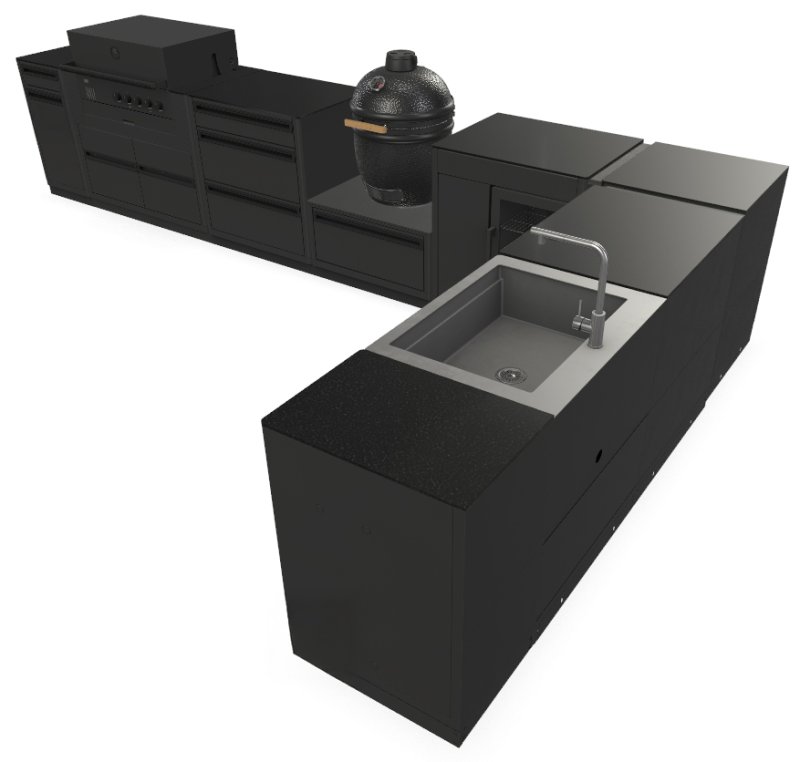 Outdoorchef HEAT Outdoor Küche XXL: QUBE X-415 RB + EGG 460 H + Caso BBQ Cooler + Spülenmodul - inkl. Arbeitsplatte Granit