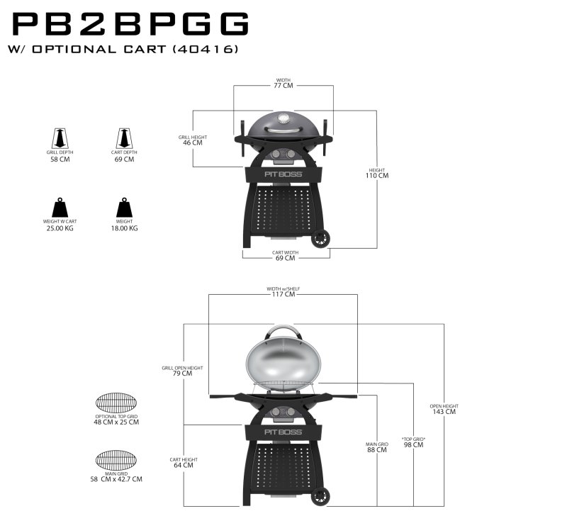 Pit Boss Gasgrill Sportsman 2 / Campinggrill - inkl. Unterwagen, Grillplatte, Warmhalterost, Pfannenuntersetzer und Abdeckhaube