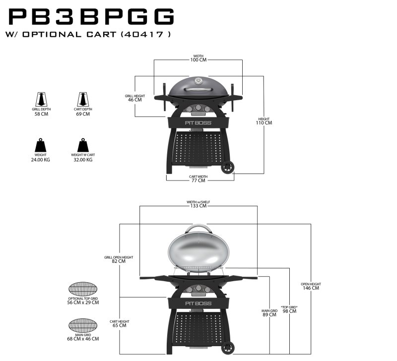 Pit Boss Gasgrill Sportsman 3 / Campinggrill 30 mbar - inkl. Unterwagen, Grillplatte, Warmhalterost, Pfannenuntersetzer und Abdeckhaube