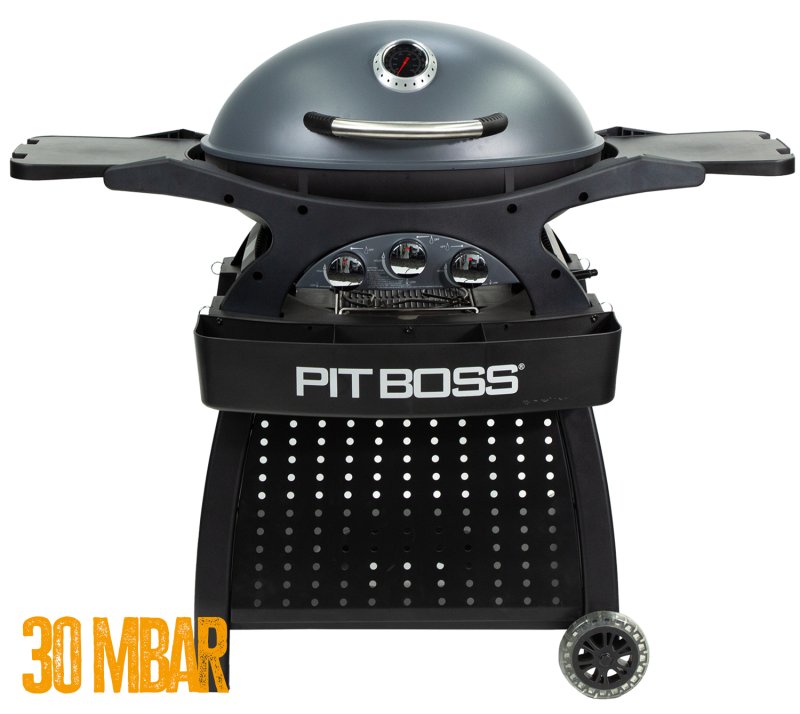 Pit Boss Gasgrill Sportsman 3 / Campinggrill 30 mbar - inkl. Unterwagen, Grillplatte, Warmhalterost, Pfannenuntersetzer und Abdeckhaube