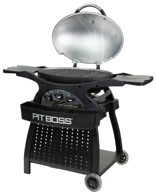 Pit Boss Gasgrill Sportsman 3 / Campinggrill 30 mbar - inkl. Unterwagen, Grillplatte, Warmhalterost, Pfannenuntersetzer und Abdeckhaube
