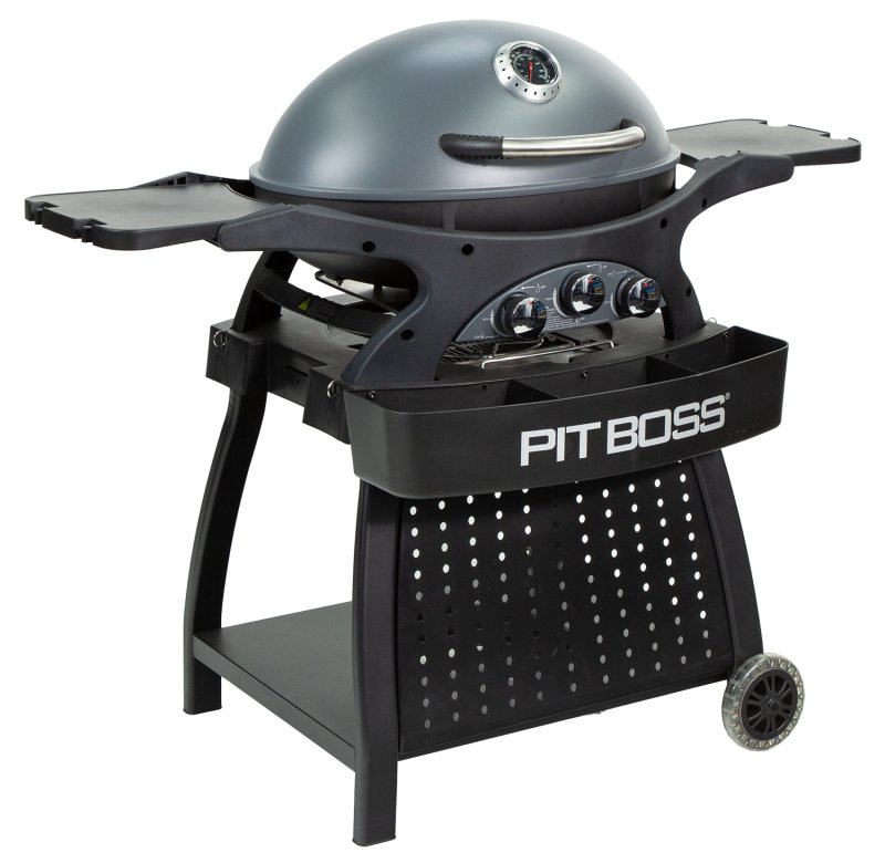 Pit Boss Gasgrill Sportsman 3 / Campinggrill 30 mbar - inkl. Unterwagen, Grillplatte, Warmhalterost, Pfannenuntersetzer und Abdeckhaube