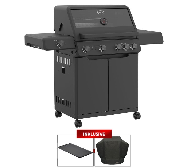 Rösle Gasgrill Allflame Hero 4 inkl. Abdeckhaube und Gusseisen Grillplatte