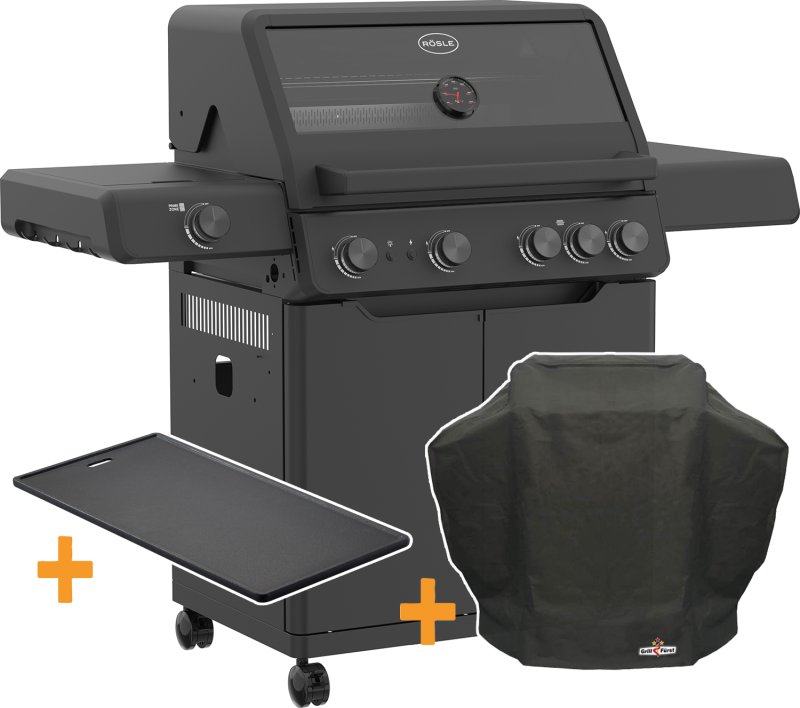 Rösle Gasgrill Allflame Hero 4 inkl. Abdeckhaube und Gusseisen Grillplatte