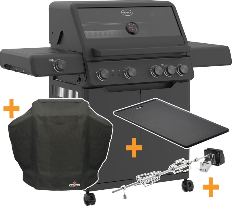 Rösle Gasgrill Allflame Hero 4 inkl. Abdeckhaube, Gusseisen Grillplatte und Drehspieß Set