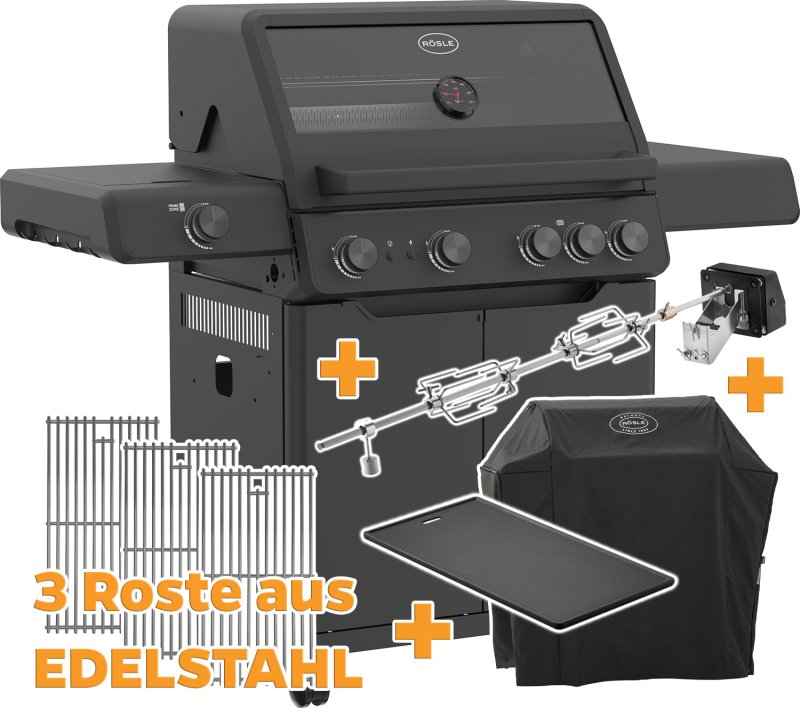 Rösle Gasgrill ALLFLAME Hero 4 - GRILLFÜRST EDITION mit Edelstahlrosten - inkl. Abdeckhaube, Premium Drehspieß und Gusseisen Grillplatte