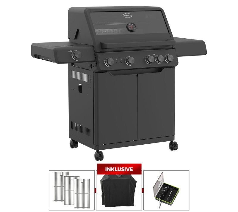Rösle Gasgrill ALLFLAME Hero 4 - GRILLFÜRST EDITION mit Edelstahlrosten - inkl. Abdeckhaube und Outdoorchef Easy Check Thermometer Dual