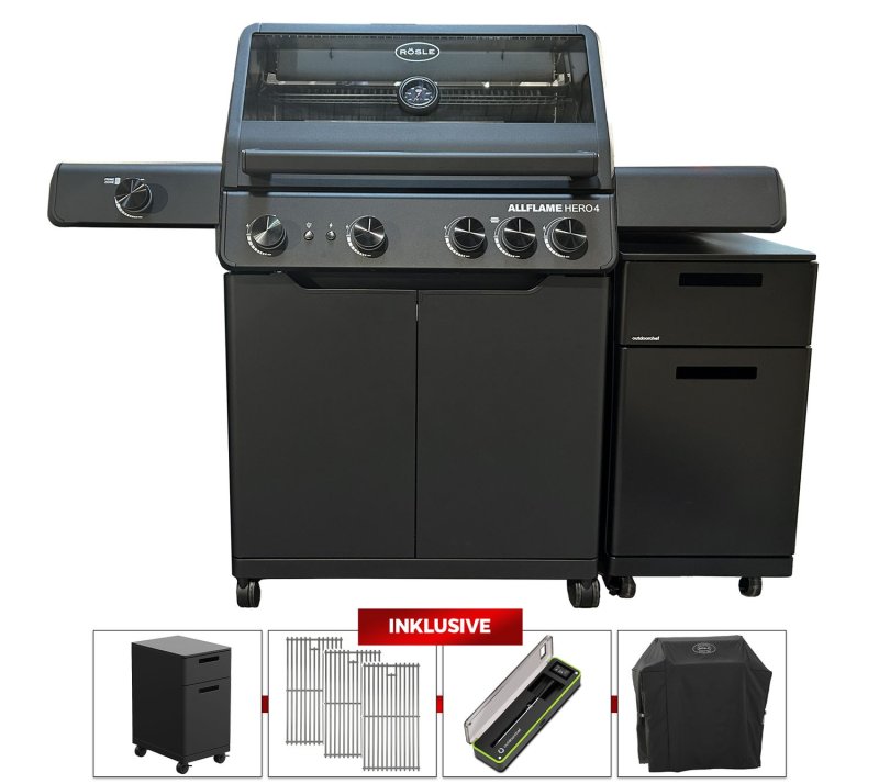 Rösle Gasgrill ALLFLAME Hero 4 - Smart-Grill mit Easy Check Wireless Thermometer + Premium Grillschrank (GRILLFÜRST EDITION)