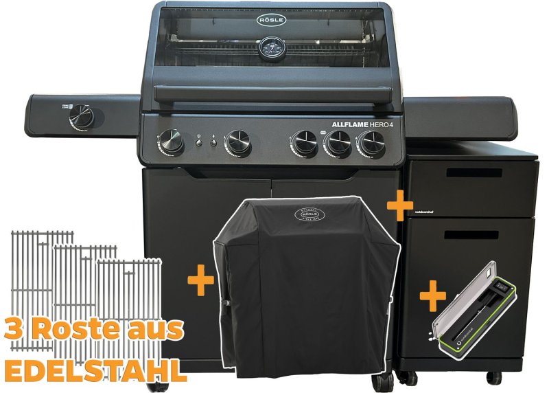 Rösle Gasgrill ALLFLAME Hero 4 - Smart-Grill mit Easy Check Wireless Thermometer + Premium Grillschrank (GRILLFÜRST EDITION)