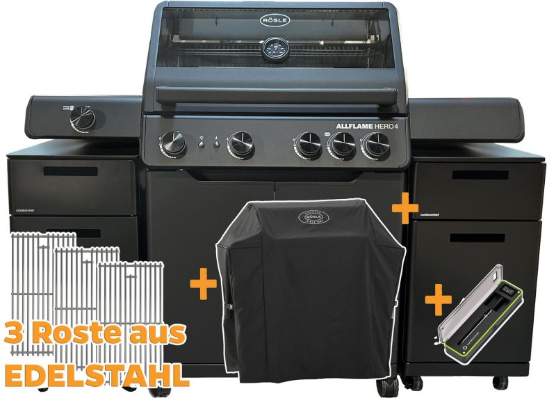 Rösle Gasgrill ALLFLAME Hero 4 - Smart-Edition mit Easy Check Wireless Thermometer + 2x Premium Grillschrank (GRILLFÜRST EDITION)