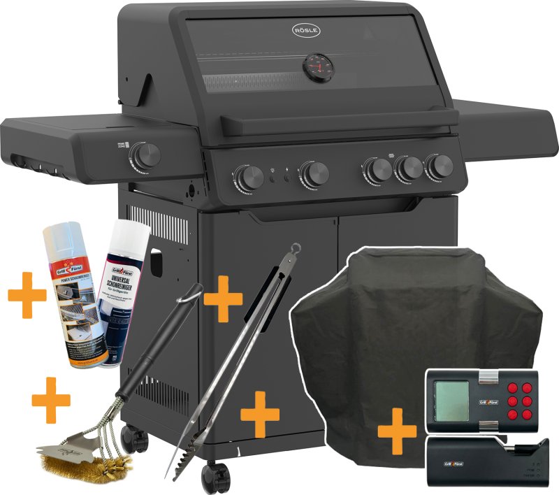Rösle Gasgrill Allflame Hero 4 - STARTERSET mit Abdeckhaube, Grillbürste, Grillzange, Grillthermometer und Grillreinigern