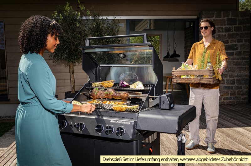 Rösle Gasgrill Allflame Hero 4 inkl. Abdeckhaube, Gusseisen Grillplatte und Drehspieß Set