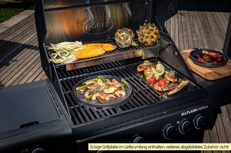 Rösle Gasgrill Allflame Hero 4 inkl. Abdeckhaube, Gusseisen Grillplatte und Drehspieß Set