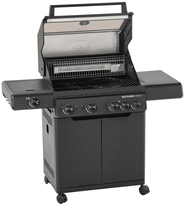 Rösle Gasgrill Allflame Hero 4 inkl. Abdeckhaube, Gusseisen Grillplatte und Drehspieß Set