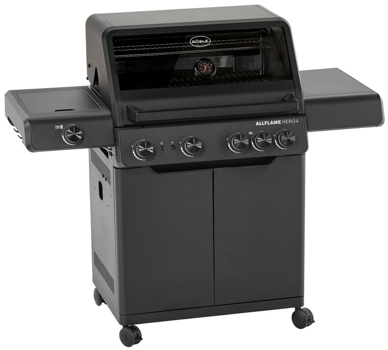 Rösle Gasgrill Allflame Hero 4 inkl. Abdeckhaube, Gusseisen Grillplatte und Drehspieß Set