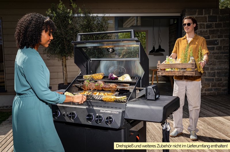 Rösle Gasgrill Allflame Hero 4 inkl. Abdeckhaube und Gusseisen Grillplatte