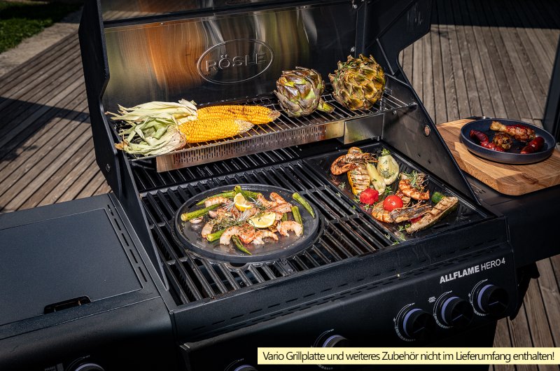 Rösle Gasgrill Allflame Hero 4 - STARTERSET mit Abdeckhaube, Grillbürste, Grillzange, Grillthermometer und Grillreinigern