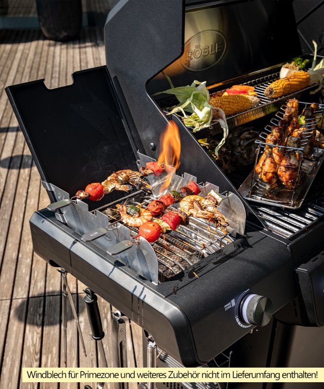 Rösle Gasgrill Allflame Hero 4 inkl. Abdeckhaube, Gusseisen Grillplatte und Drehspieß Set