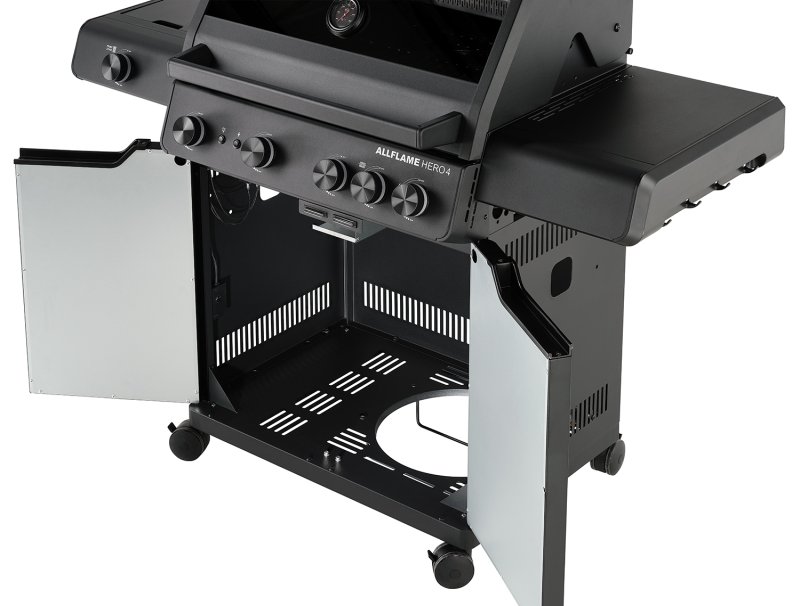 Rösle Gasgrill Allflame Hero 4 inkl. Abdeckhaube, Gusseisen Grillplatte und Drehspieß Set