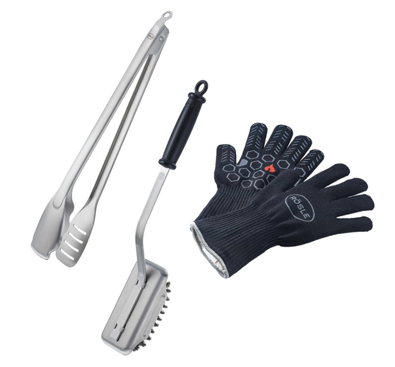 Rösle BBQ Premium-Set 3-tlg. - Grillzange, Grillhandschuhe, Grillbürste